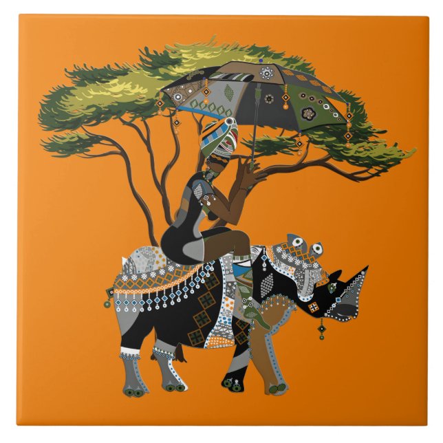 Cute African Tribal dam rhino decor Kakelplatta (Framsidan)