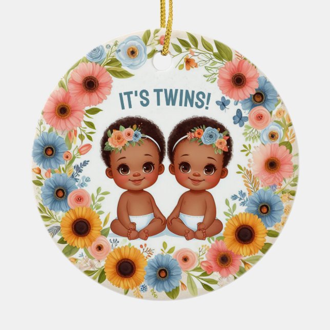 Cute African Twin Boys Baby Shower Watercolor Julgransprydnad Keramik (Framsidan)