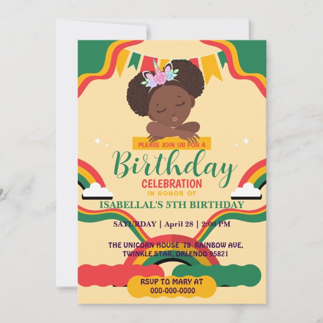 Cute afro Unicorn African American Flickor Inbjudningar (Framsida)