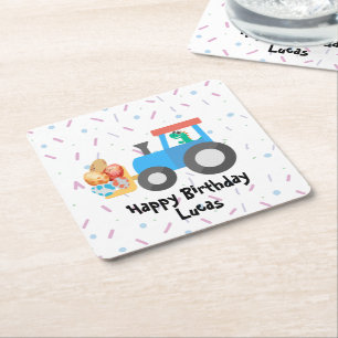 Cute äggdinosaur Construction Lastbil Birthday boy Underlägg Papper Kvadrat