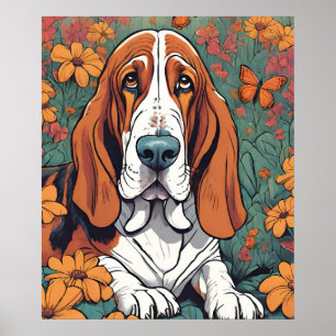 Cute Ai Basset Hound and Butterfly in Flowers Poster
