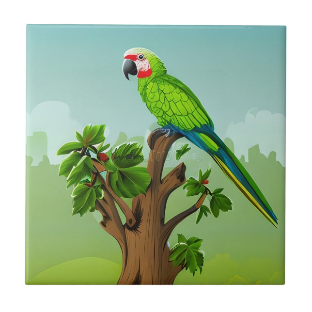 Cute AI genererade Amazonas Parrot på Träd Gren Kakelplatta (Framsidan)