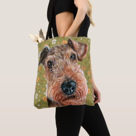 Cute Airedale Terrier och Grönt Flower Mönster Tygkasse