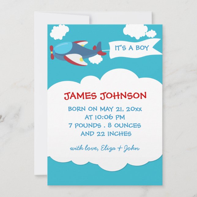 Cute Airplan Boy Baby Birth-annons Card Meddelande (Framsida)