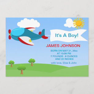Cute Airplan Boy Baby Birth-annons Card Meddelande