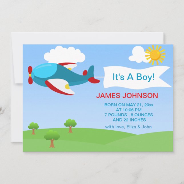 Cute Airplan Boy Baby Birth-annons Card Meddelande (Framsida)