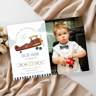 Cute Airplan Cloud Heart Photo Birthday Inbjudan