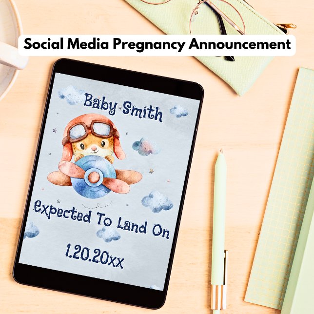 Cute Airplan Landing Social Media Boy Gravid Meddelande (Social Media Pregnancy Announcement)