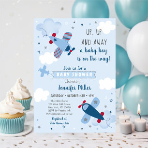 Cute Airplan Stars Clouds Baby Shower Inbjudningar