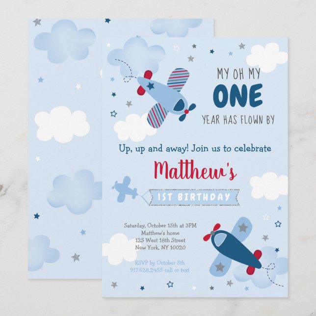 Cute Airplan Stars Clouds första födelsedag Inbjudningar (Fram/baksida)