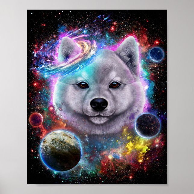 Cute Akita Hund i rymden | Galaxy-utskrift Poster (Framsidan)
