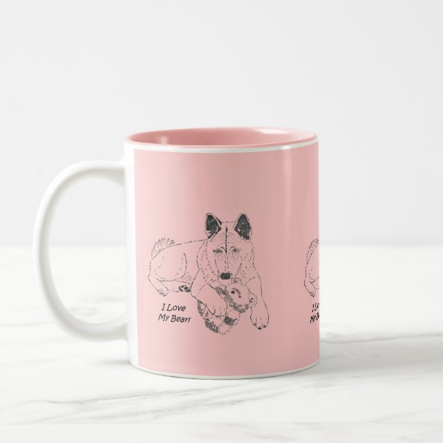 Cute akita med rosa nalle art Två-Tonad mugg (Vänster)