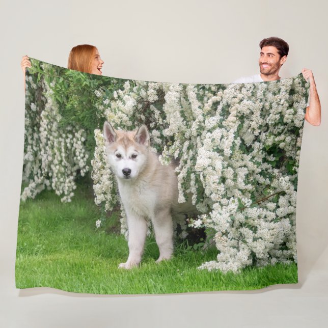 Cute Alaska Malamute Hund Puppy in Flowers Photo Fleecefilt (På plats)