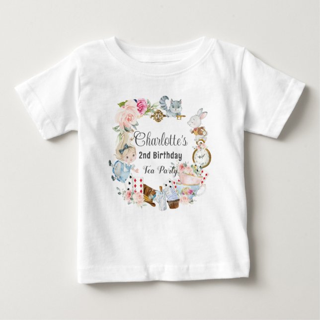 Cute Alice i Wonderland Birthday Tea Party T Shirt (Framsida)