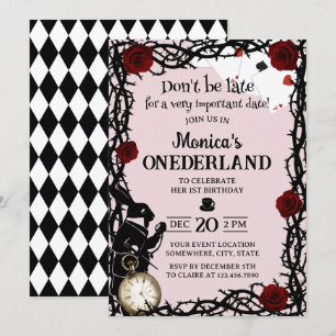 Cute Alice i Wonderland Girl 1st Birthday Rosa Inbjudningar