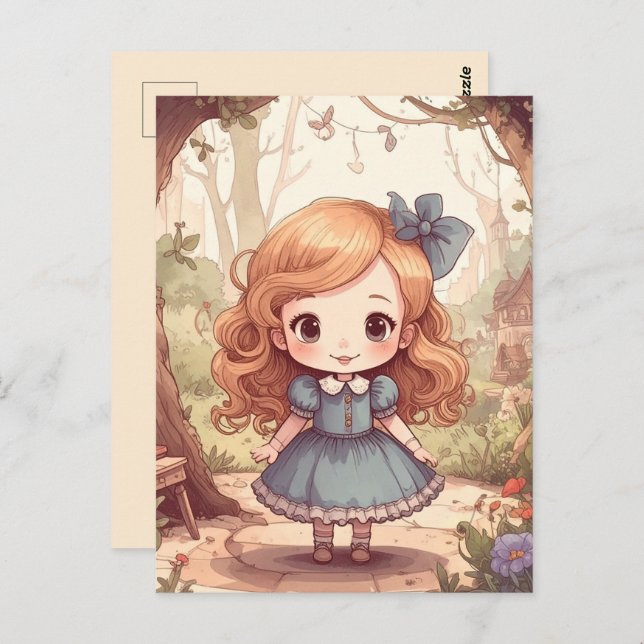 Cute Alice i Wonderland Whimsical Woodland Art Vykort (Fram/baksida)