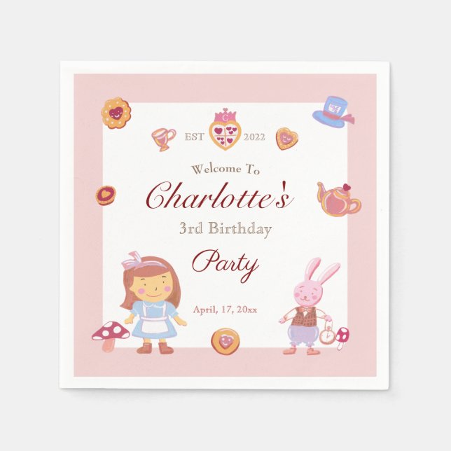 Cute Alice' Tea Party Rosa Birthday Rosa Pappersservett (Framsidan)