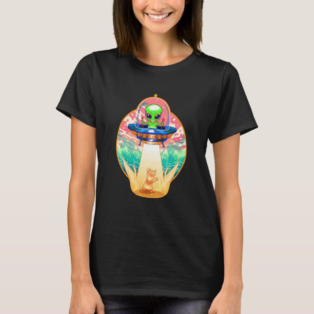 Cute Alien Cat Abduction Flying Spaceship UFO Kitt T Shirt (Framsida)