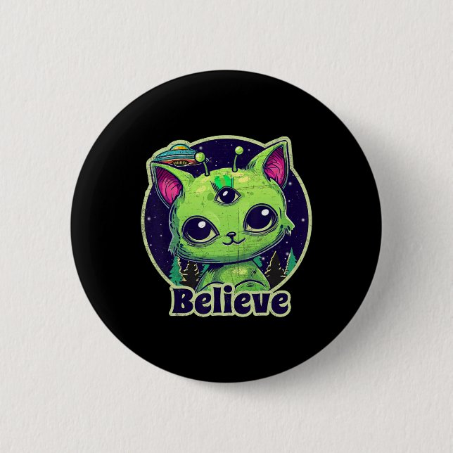 Cute Alien Cat Belive i Ufo Kawaii Knapp (Framsida)