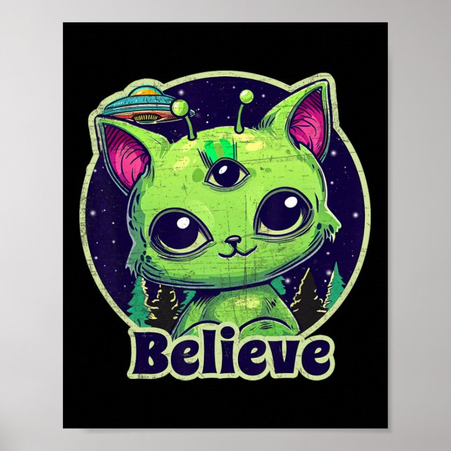 Cute Alien Cat Belive i Ufo Kawaii Poster (Framsidan)