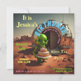 Cute Alien med Birthday Cake Inbjudan