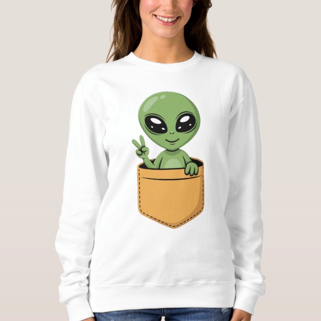 Cute Alien Pocket Fredstecken Funny UFO Space Wome T Shirt (Framsida)