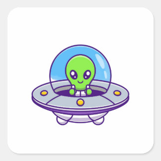 Cute Alien som flyger i UFO Fyrkantigt Klistermärke