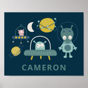 Cute Alien Space Planets Funny Blue Personlig Poster
