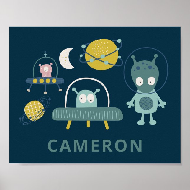 Cute Alien Space Planets Funny Blue Personlig Poster (Framsidan)