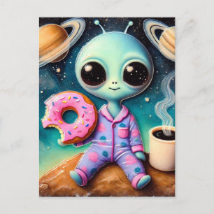 Cute Alien with coffee and Donut in Space Vykort