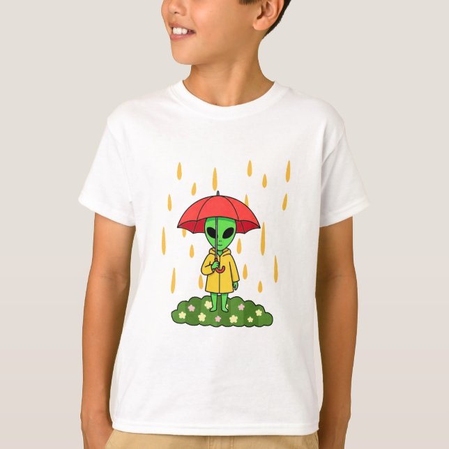 Cute Alien With Umbrella in Rain Kawaii Character T Shirt (Framsida)