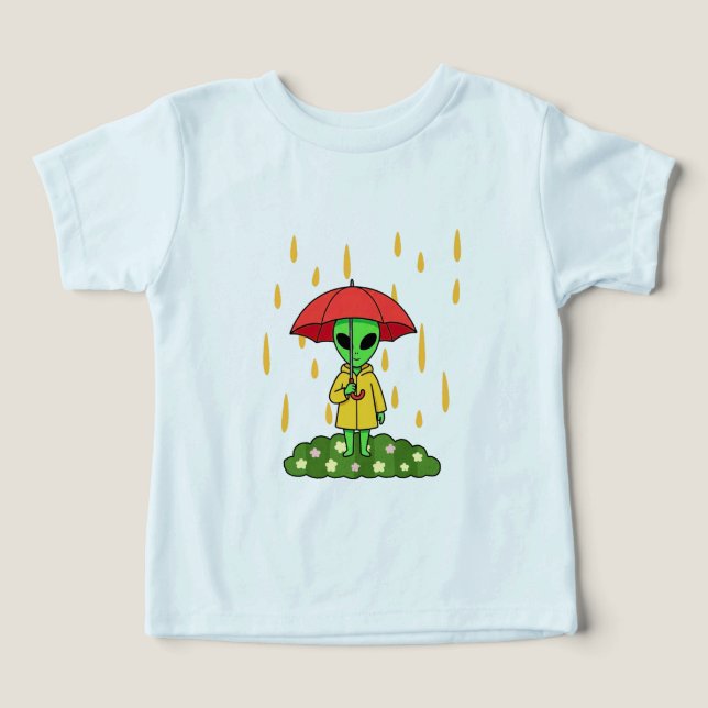 Cute Alien With Umbrella Kawaii Space Character T Shirt (Design Framsida)