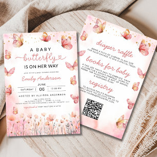Cute All in One QR Code Girl Butterfly Baby Shower Inbjudningar