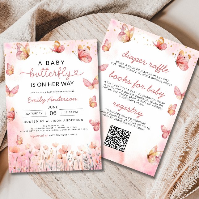 Cute All in One QR Code Girl Butterfly Baby Shower Inbjudningar (Skapare uppladdad)