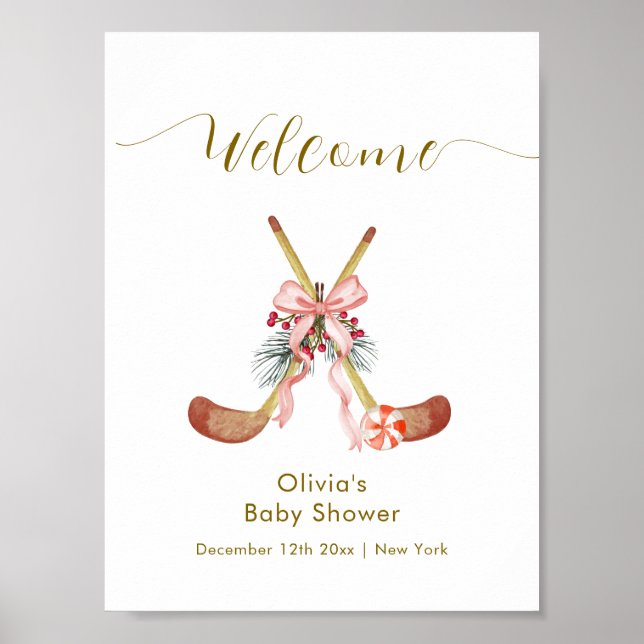 Cute All Stars Bow Hockey Girl Baby Shower Welcome Poster (Framsidan)