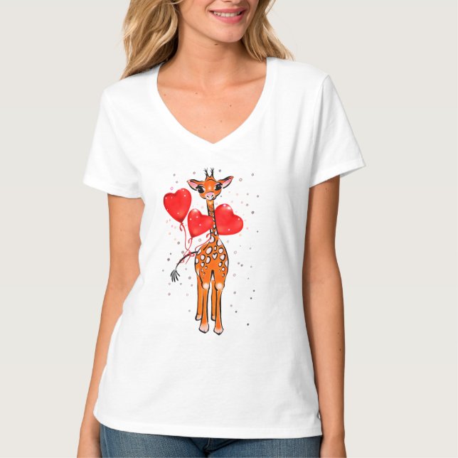 Cute Alla hjärtans dag giraffe-hjärtballonger T Shirt (Framsida)