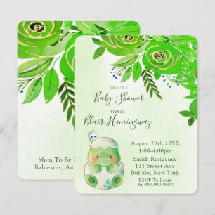 Cute Alligator Grönt Guld Flowers Baby Shower Inbjudningar
