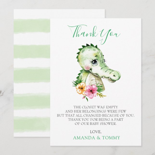 Cute Alligator Hibiscus Baby Shower Tack Kort (Fram/baksida)