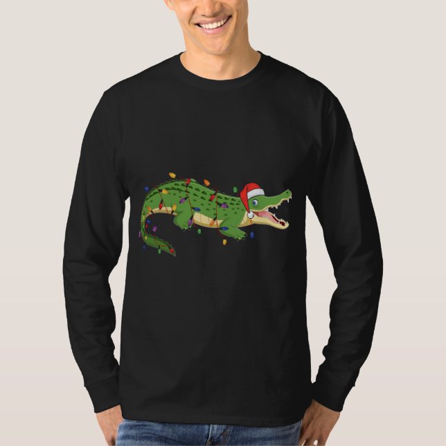 Cute Alligator med jultomtens Hat Jul Ljus X T Shirt (Framsida)