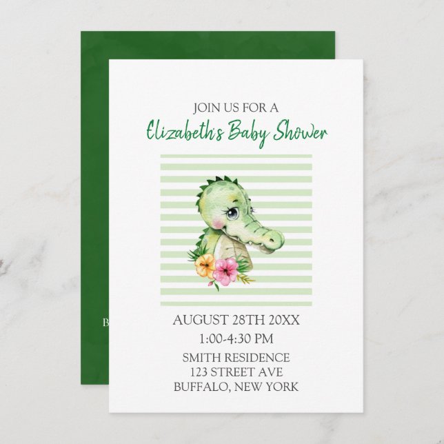 Cute Alligator Watercolor Hibiscus Baby Shower Inbjudningar (Fram/baksida)