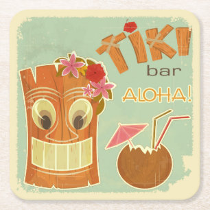 Cute Aloha Tiki Pub Pineapple Tecknad Underlägg Papper Kvadrat