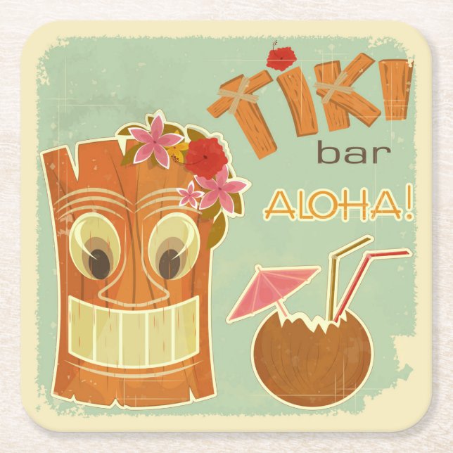 Cute Aloha Tiki Pub Pineapple Tecknad Underlägg Papper Kvadrat (Framsidan)