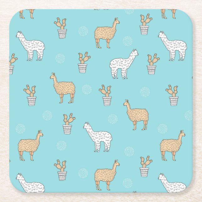 Cute Alpaca Llama Cactus Mönster Underlägg Papper Kvadrat (Framsidan)
