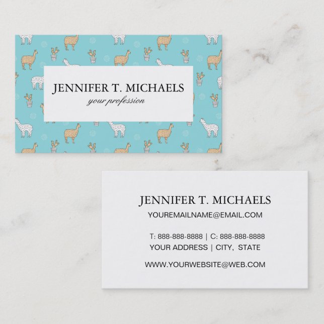 Cute Alpaca Llama Cactus Mönster Visitkort (Fram/baksida)