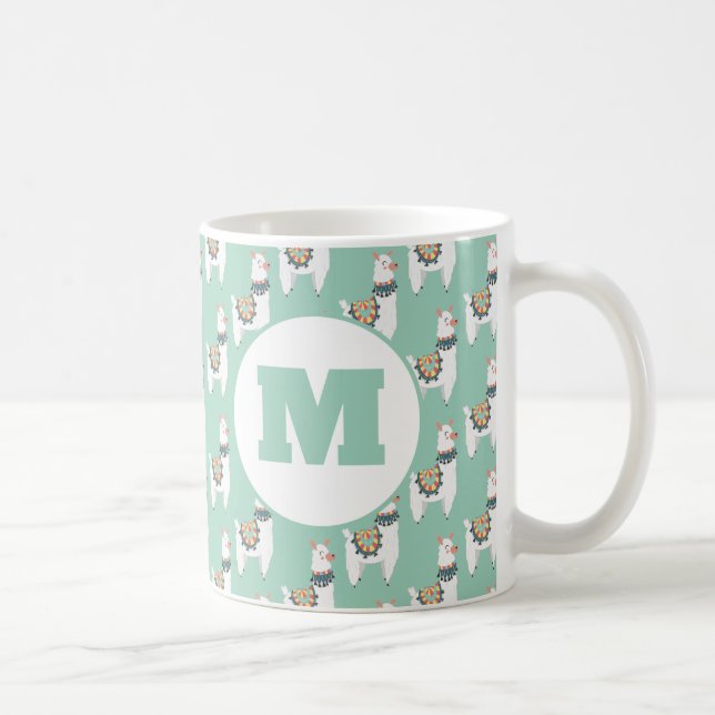 Cute Alpaca Llama Mint Grönt Monogram Kaffemugg (Höger)