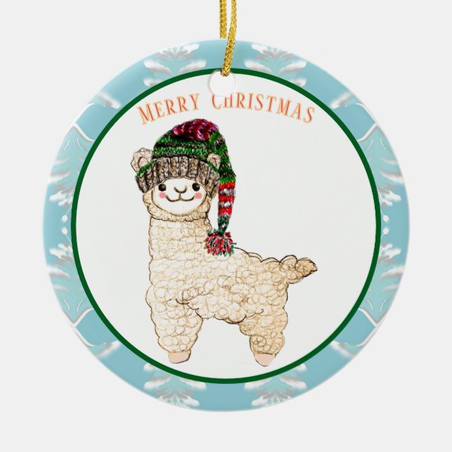 Cute alpaca med festhatt julgransprydnad keramik (Framsidan)