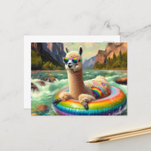 Cute Alpaca på ett regnbåge Färg Flyter Vykort