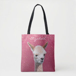 Cute Alpaca, Rosa Glitter, DIY Namn White-skript Tygkasse