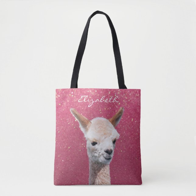 Cute Alpaca, Rosa Glitter, DIY Namn White-skript Tygkasse (Framsida)