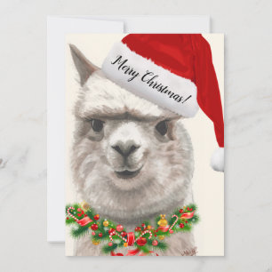 Cute Alpaca Santa Hat-julkort Original Art Julkort